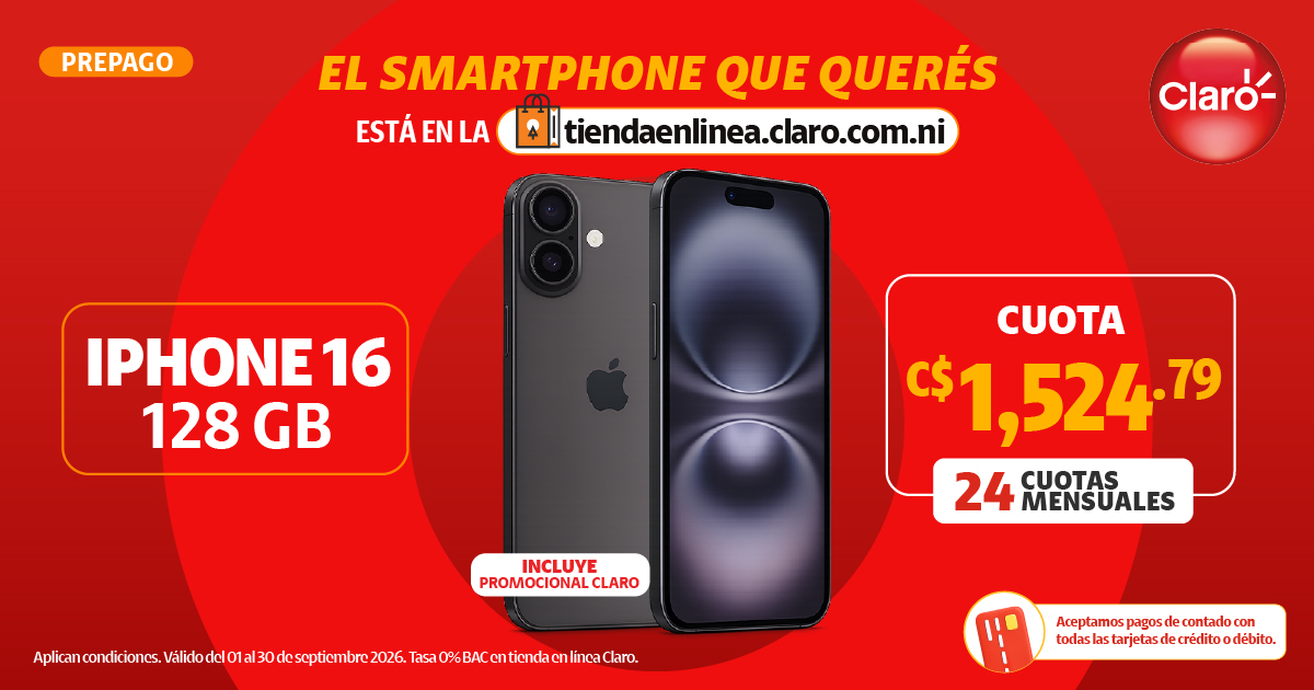 iPhone 16 de 128 GB en oferta Prepago de Claro Nicaragua